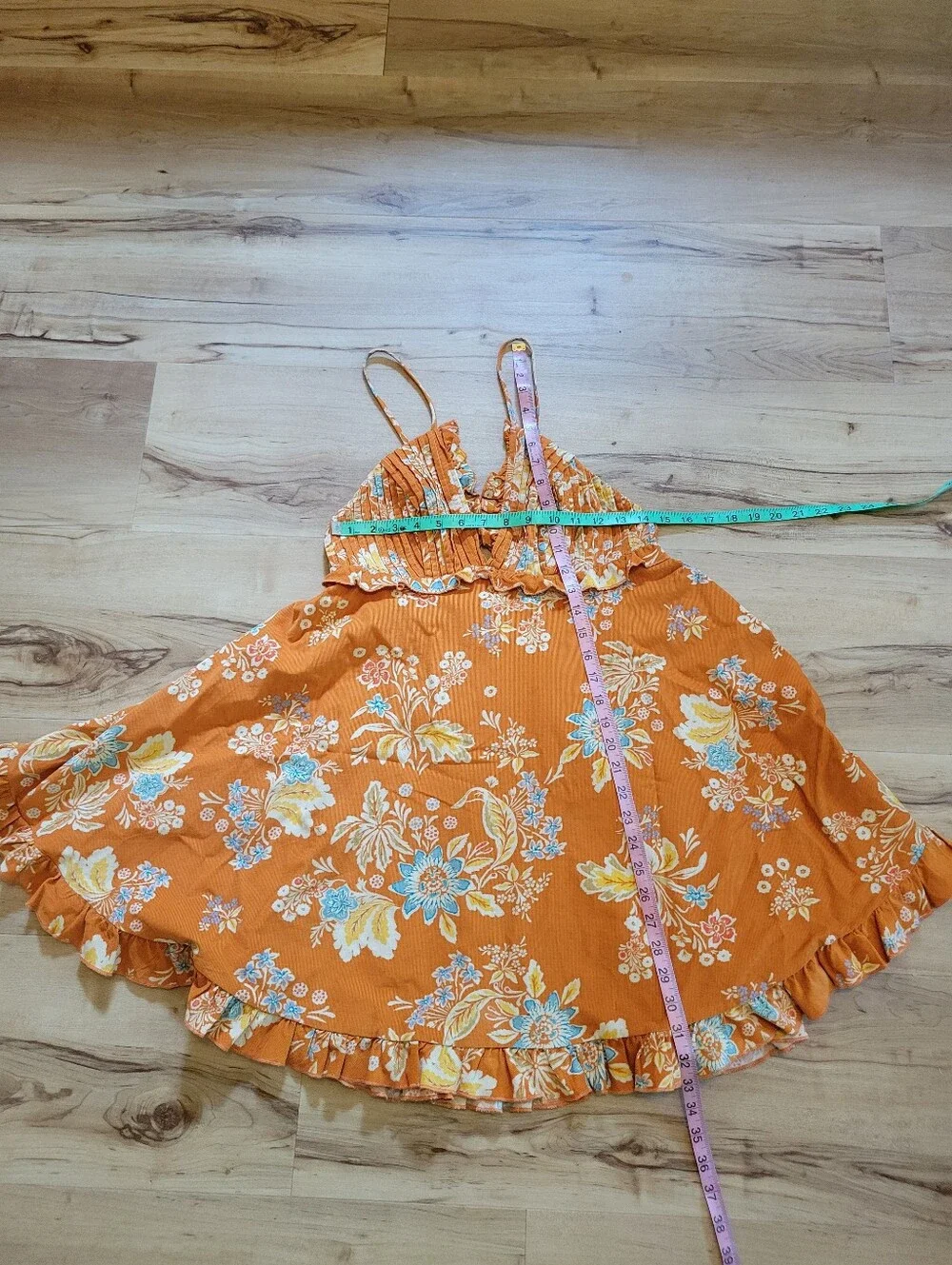 Free People Cord Looking Glass Orange Floral Pleated Open Back Mini Dress Sz M